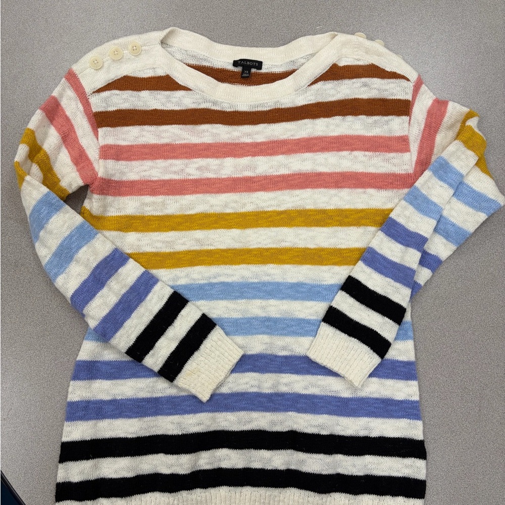 Talbots Striped Crew Neck Sweater with Button Detail